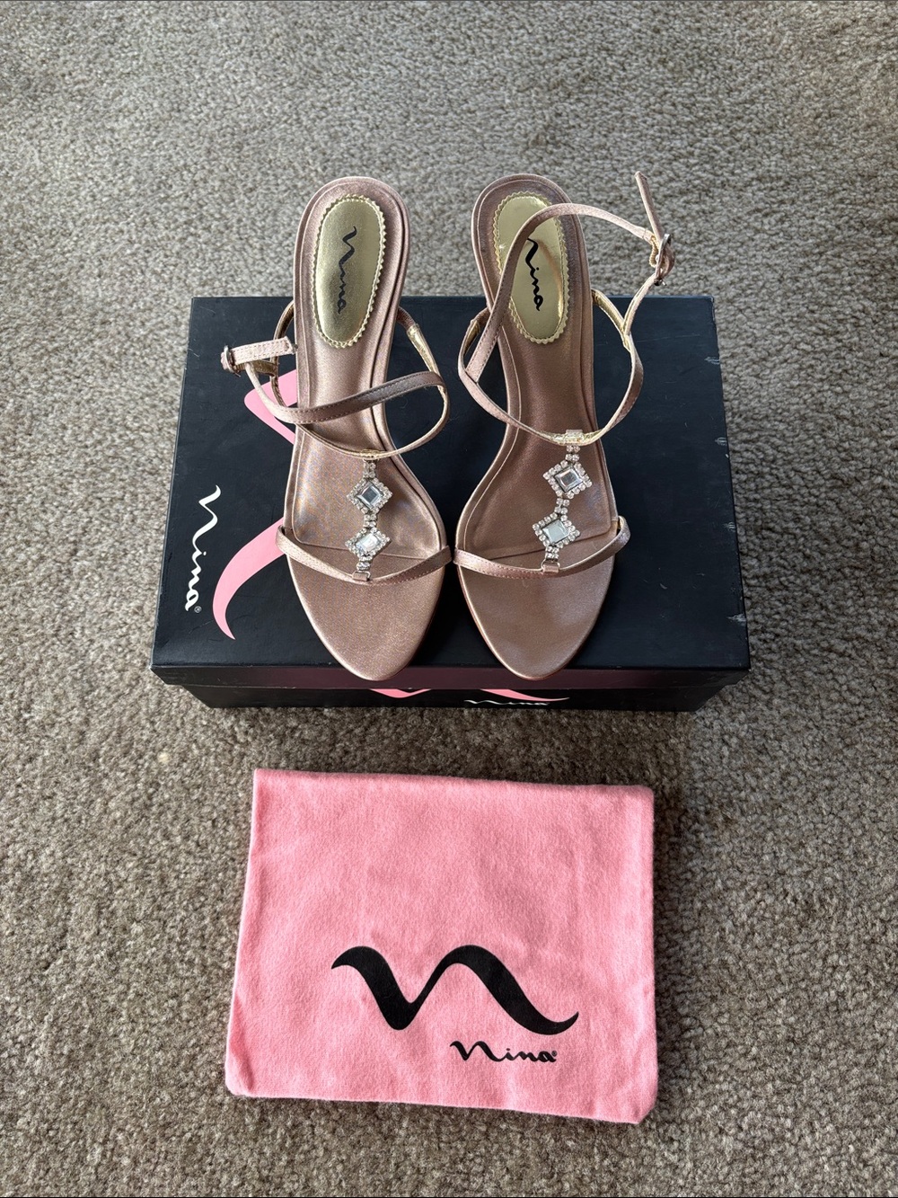 Nina Rose-Gold Metallic Strappy Heels with Crystal Embellishments